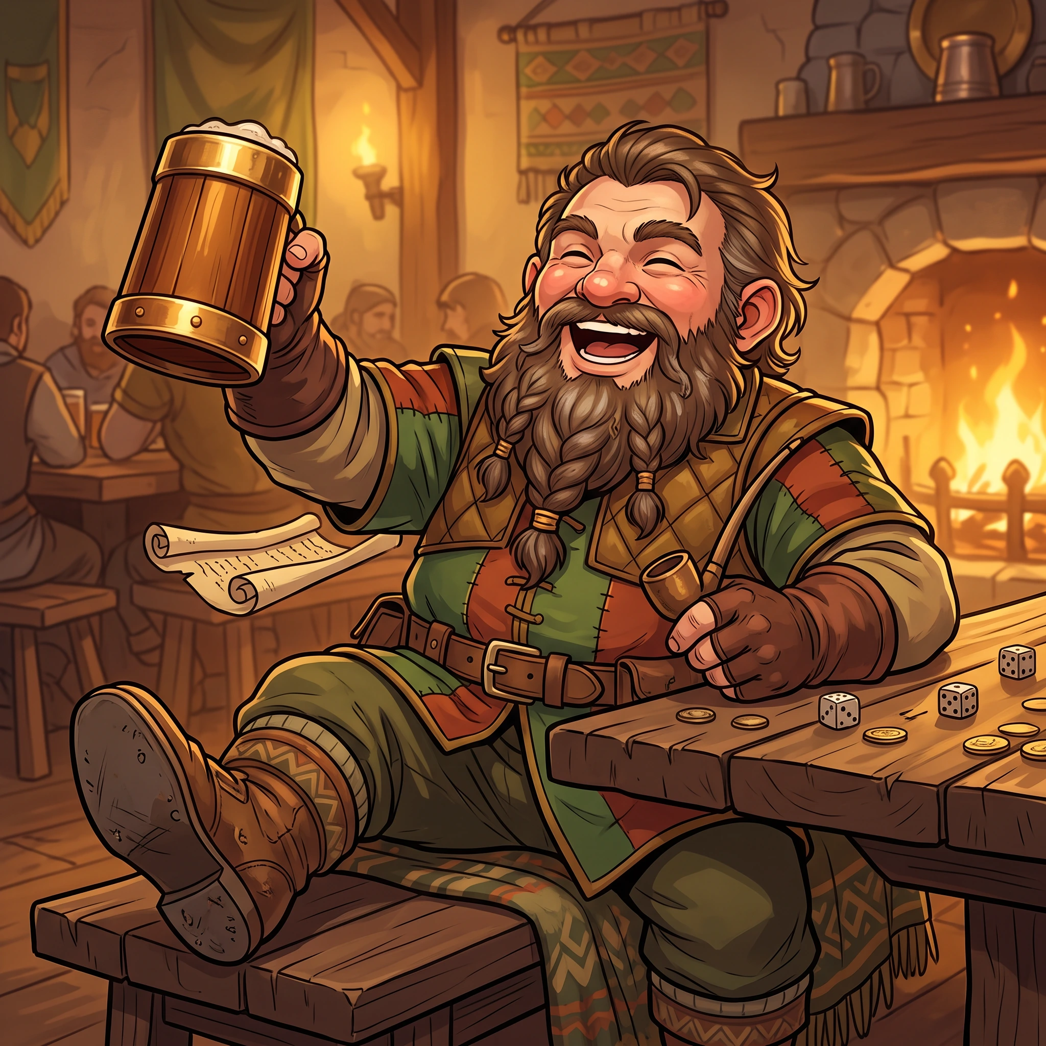 Messy cheerful halfling adventurer celebrating with an ale mug in a fantasy tavern