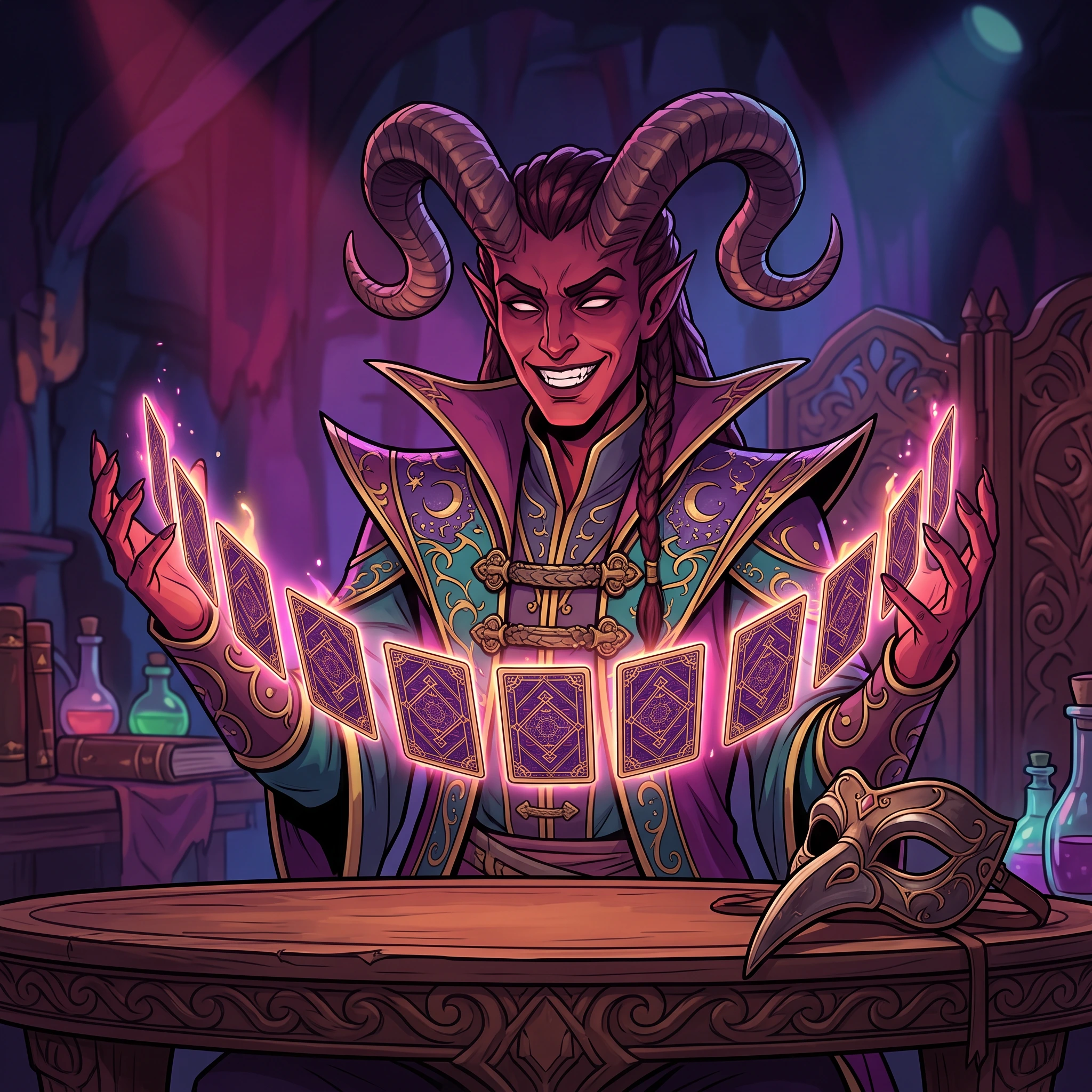 Charismatic tiefling dungeon master with levitating magical tarot cards