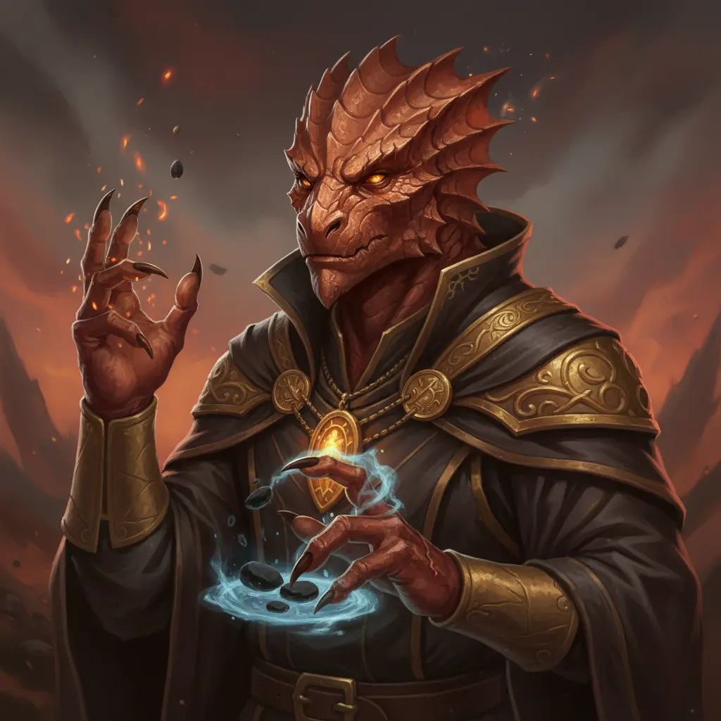 Epicly-generated player character portrait of a dragonborn sorcerer