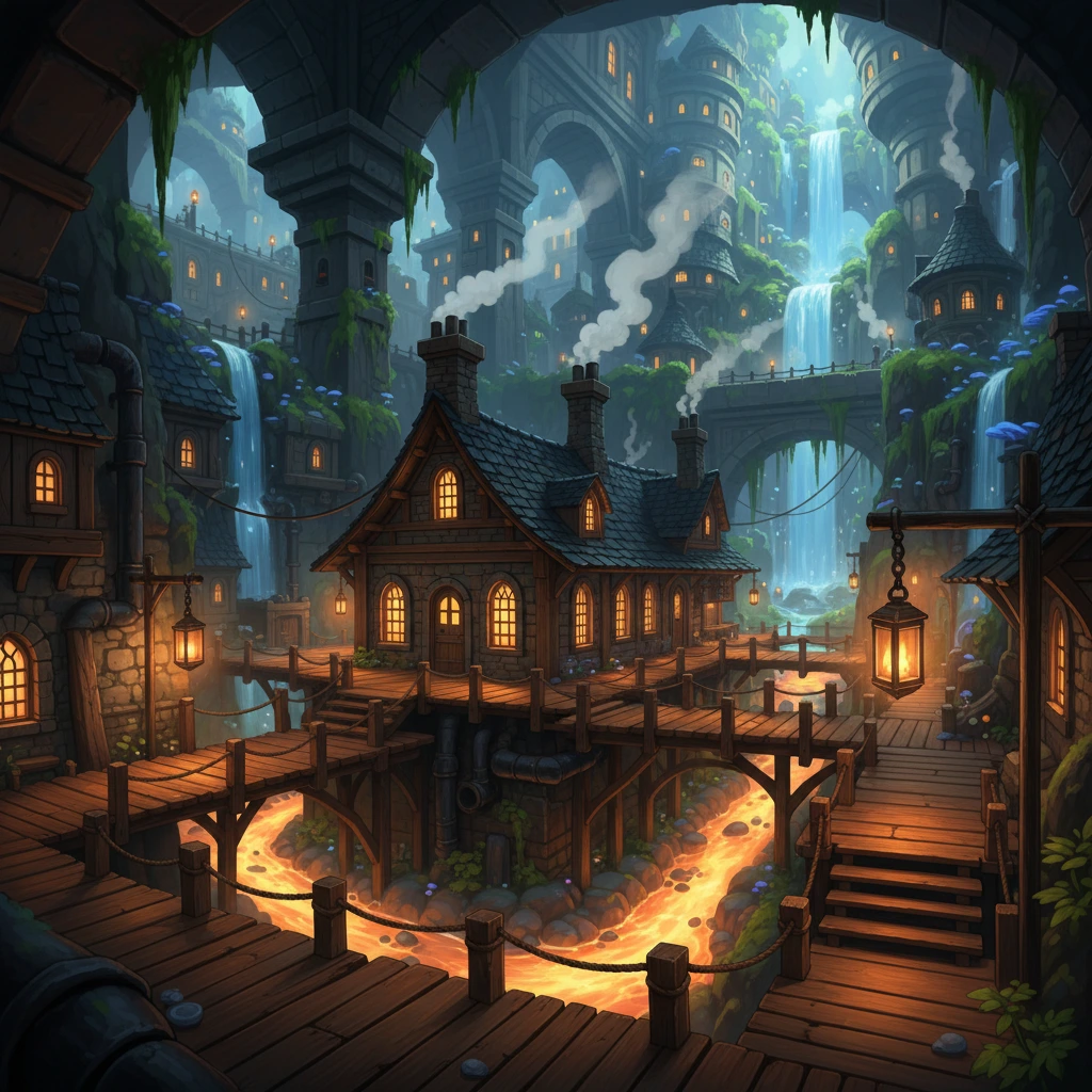 Epicly-generated anime-style location portrait of a dwarven city