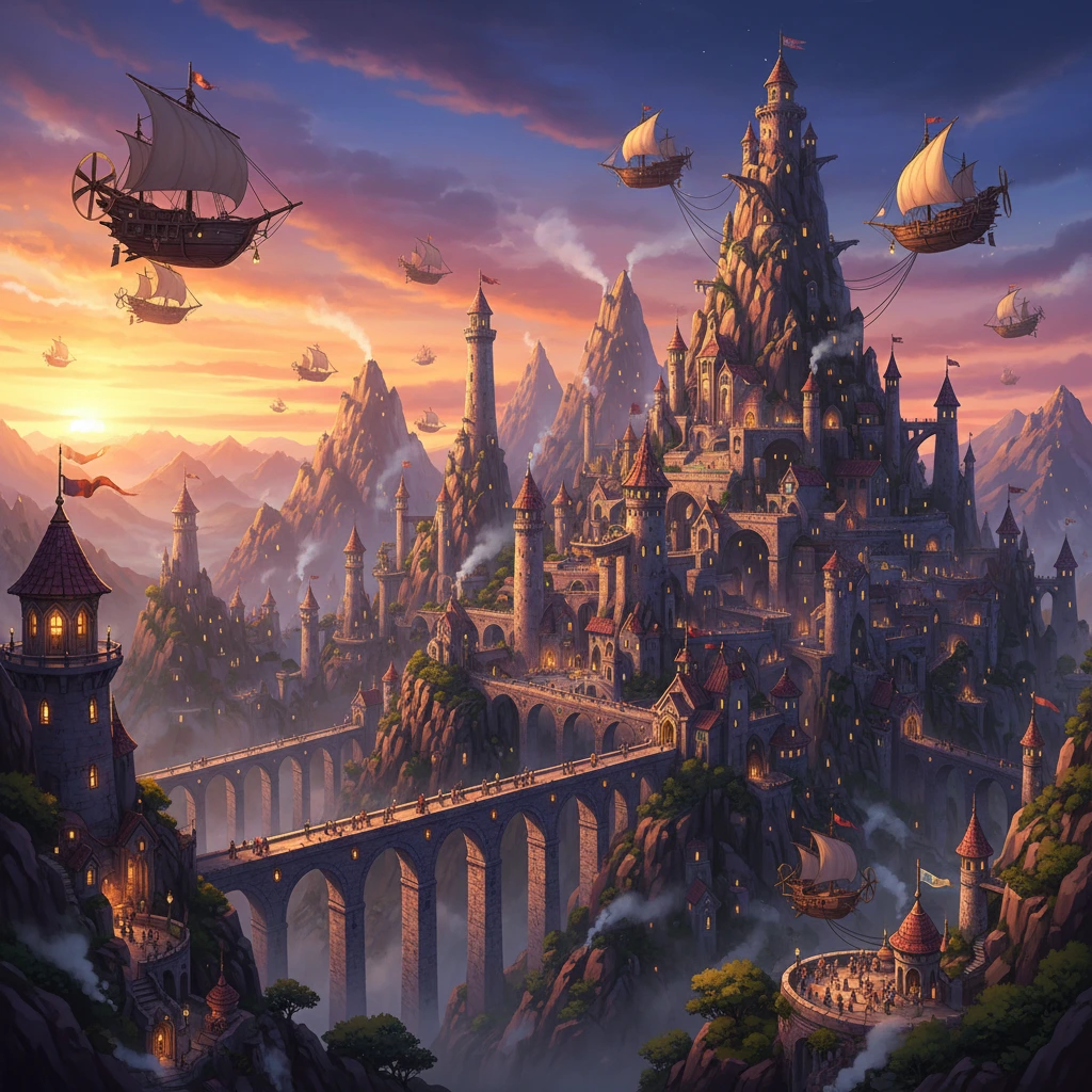 Epicly-generated painterly location portrait of a mountain city with skyships