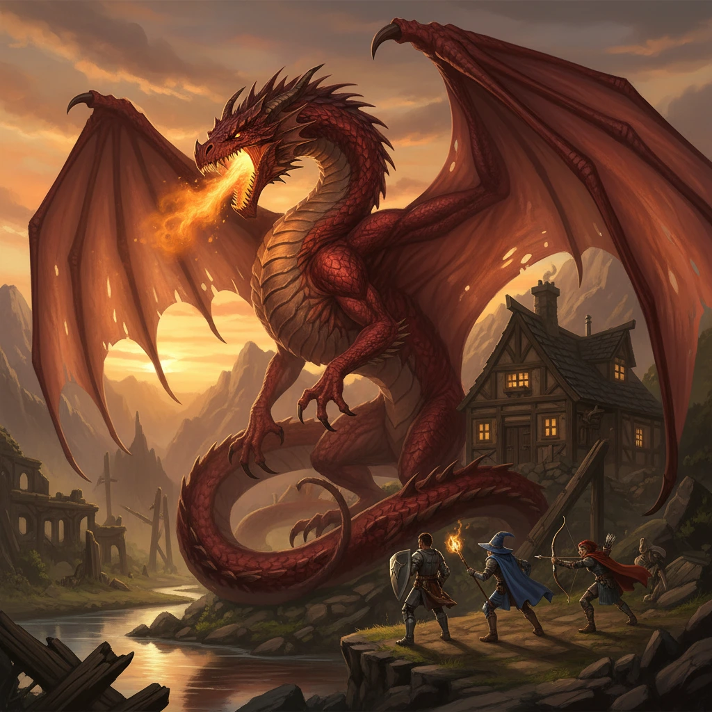 Epicly-generated quest portrait for Slay the Marauding Red Dragon