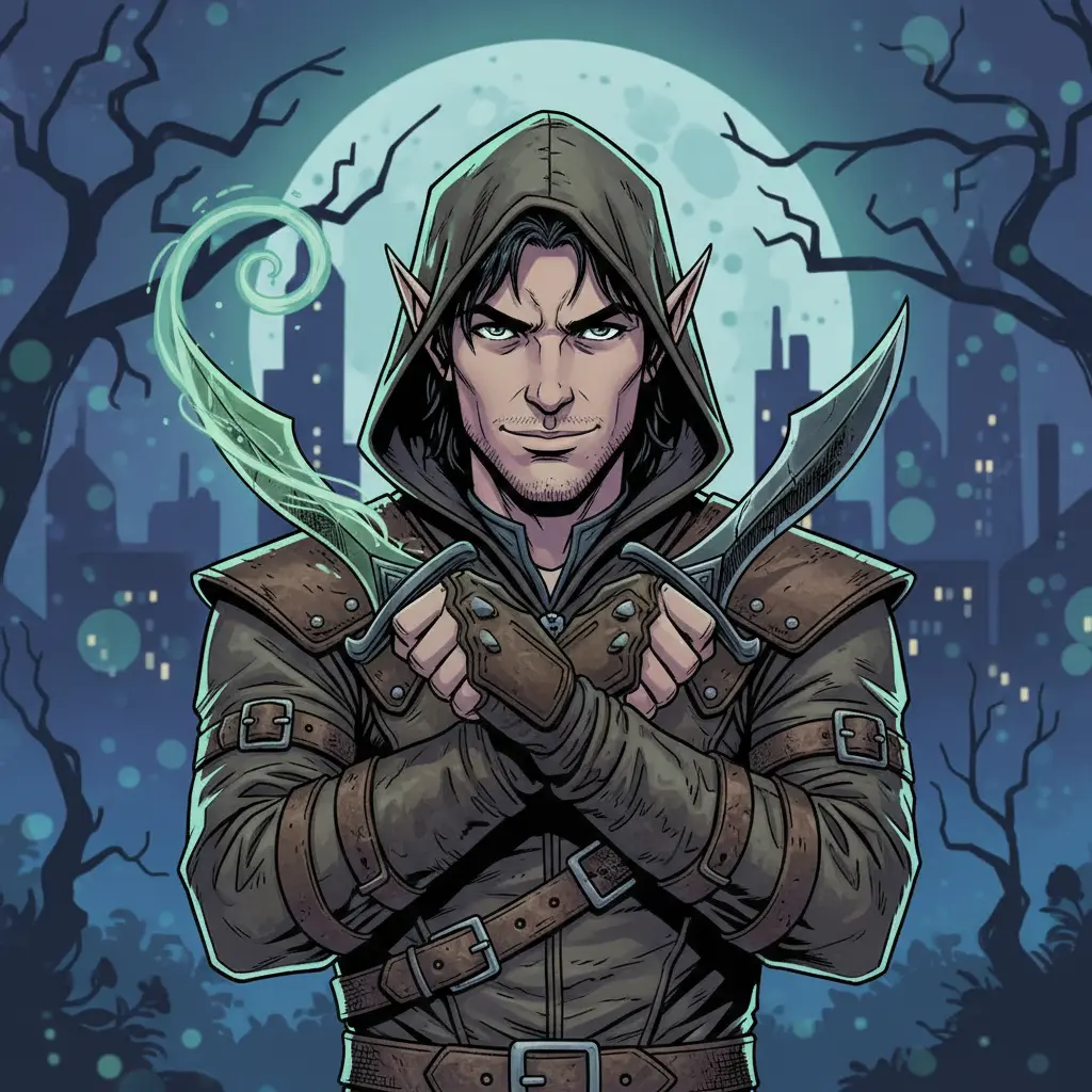 Epicly-generated graphic novel-style player character portrait of Vax