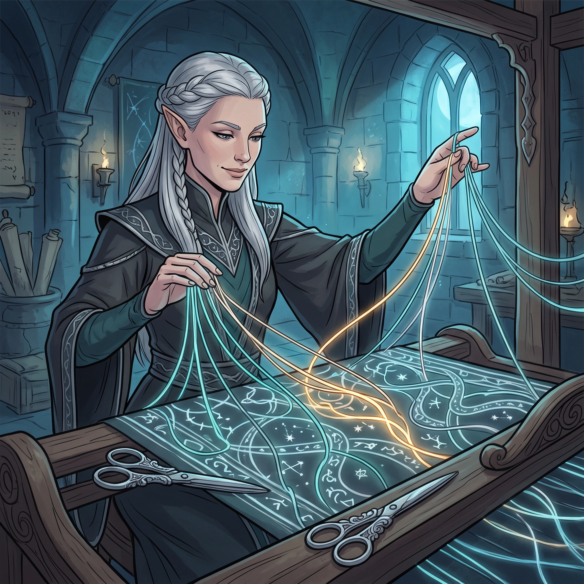 Fantasy fate-weaver dungeon master weaving glowing threads into a magical tapestry